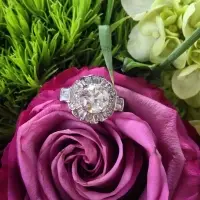 vintage art deco platinum diamond engagement ring placed inside of a dark pink rose