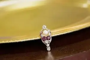 vintage garnet, pearl, and diamond diamond ring