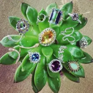 popular gemstone combinations shown with rings on top of a green succulent 