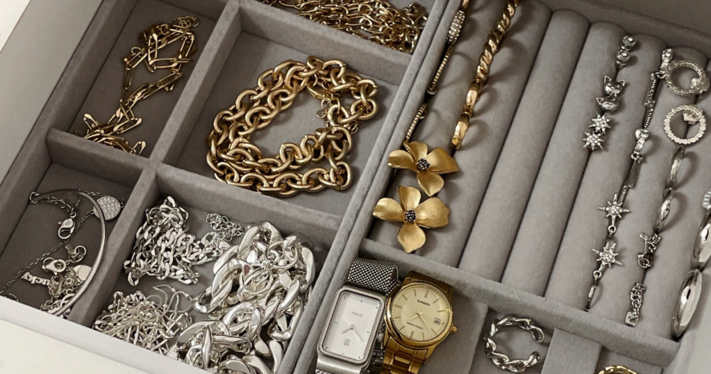 Jewelry displayed in compartments as a way of storing your jewelry