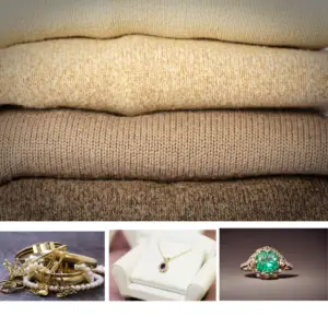 a stack of neutral sweaters with pearls, gold chains, and gemstones under it showing the best jewelry combinations in winter