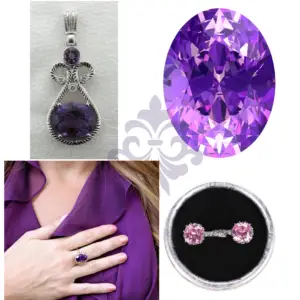 A collage of amethyst jewelry 