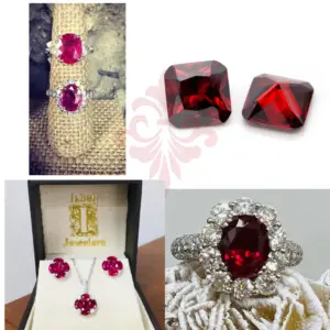 A collage of ruby gemstone jewelry showing how to style your jewelry for Valentines Day