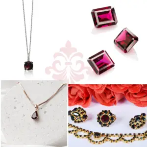 a collage of garnet gemstone jewelry