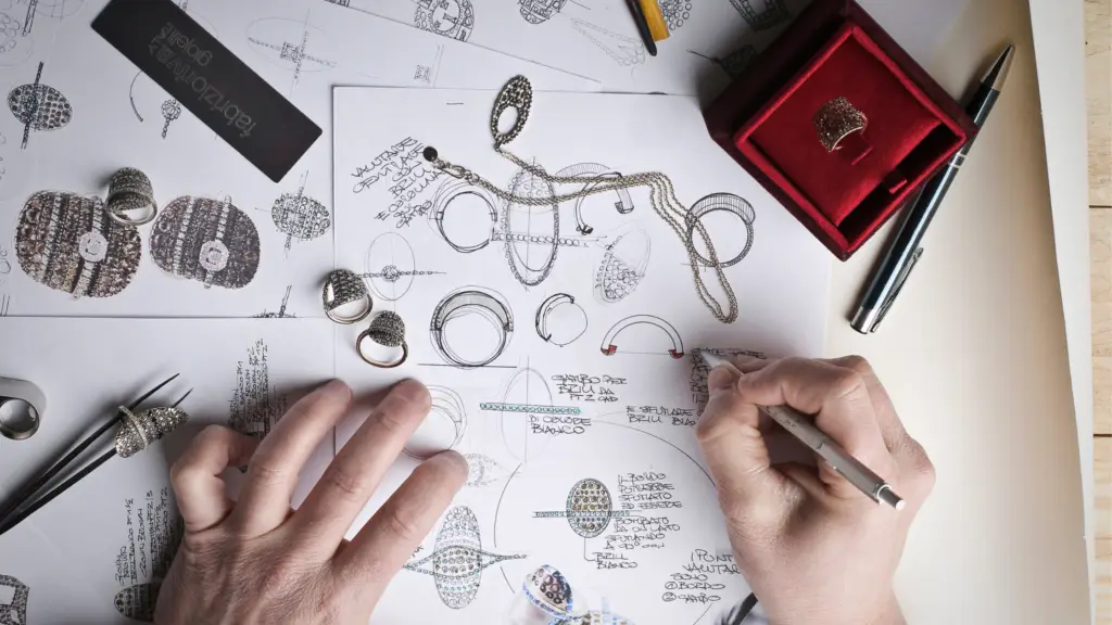 hands sketching jewelry designs on paper with jewelry all around for having custom jewelry made