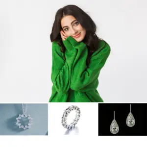 a collage of images with a woman wearing a green top and diamond jewelry at the bottom showing the best jewelry for St. Patrick's Day