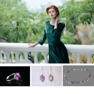 A collage of images with a woman in a green dress surrounded by amethyst jewelry for St. Patrick's Day