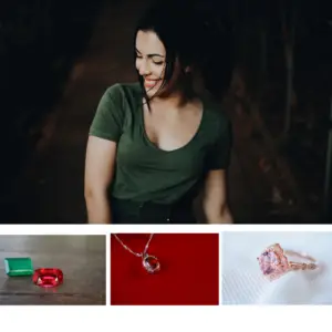 A collage of images with a woman wearing green with ruby and pink sapphire jewelry under it 