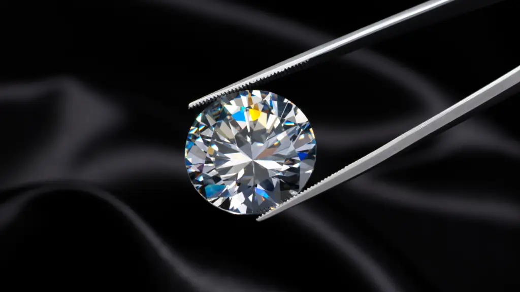 A diamond gemstone held by tweezers for inspection with a black background