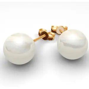 a pair of pearl stud earrings on a white background