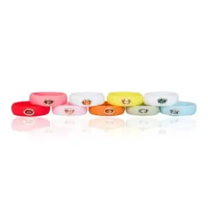 All of the Casual Carats gemstone silicone wedding bands lined up in different colors with a white background