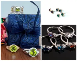 a three image collage of birthstone jewelry 