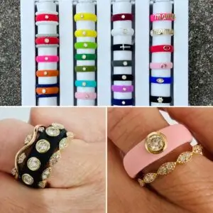 A collage of the casual carats ring line showing rings in various colors