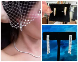 Three images of diamond bar earrings