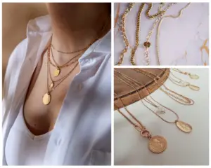 A collage of different images of gold layered necklaces