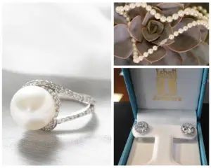 A collage of three pictures of diamond and pearl jewelry