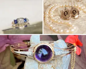 A collage of 3 images showing beautiful vintage jewelry as inspiration for holiday jewelry gifts