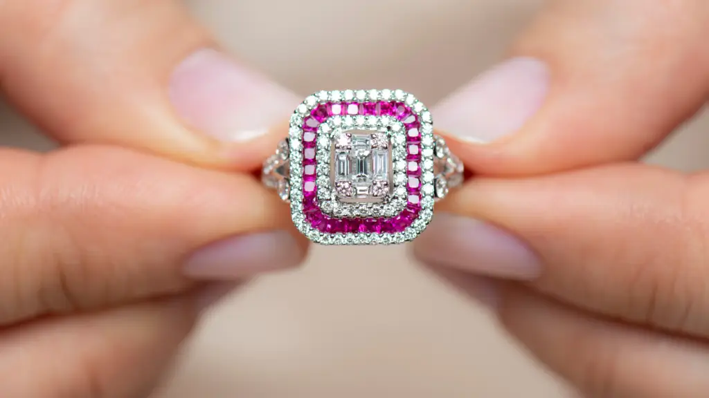 Close up of a diamond and ruby gemstone ring for Valentine's Day