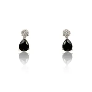 A pair of black spinel gemstone earrings on a white background